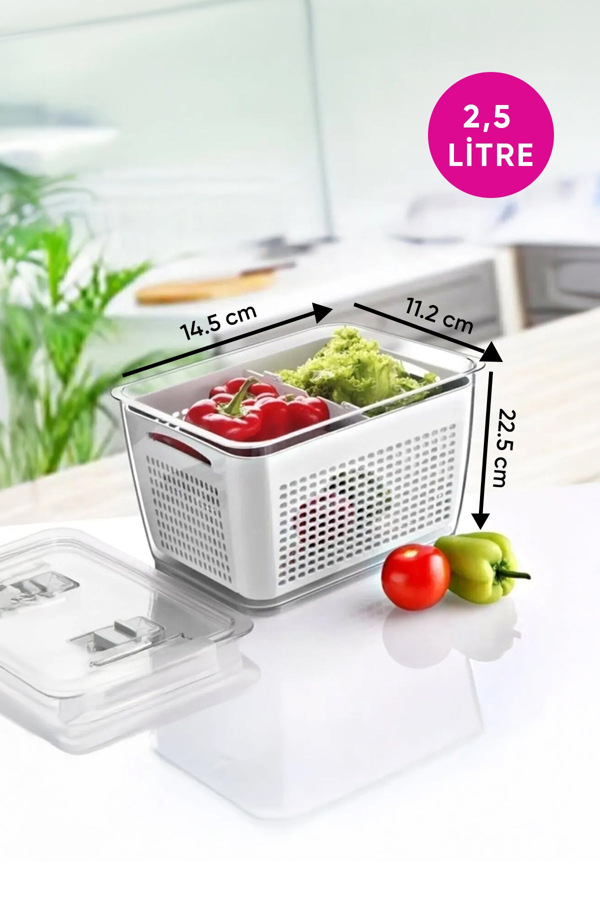 2,5 Litre Süzgeçli Bölmeli Organizer Buzdolabı Hava Geçirmez Saklama Kabı